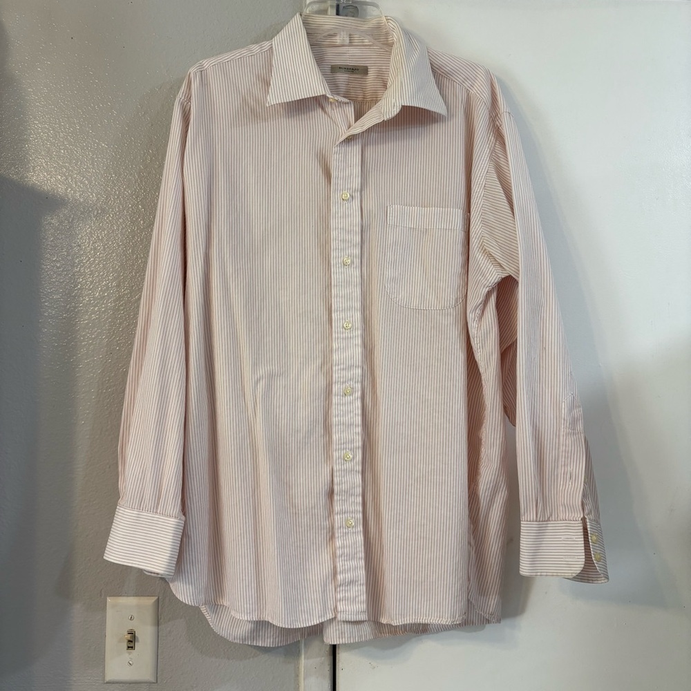 Burberry Men’s Button Down Shirt Striped Red 17 1/2 R Vintage USA Cotton Flawed
